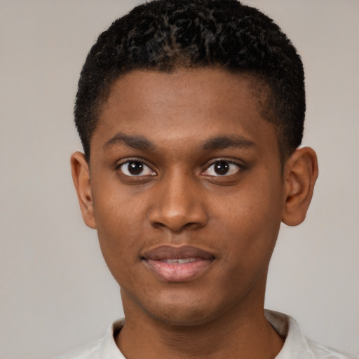 Joyful black young-adult male with short  brown hair and brown eyes