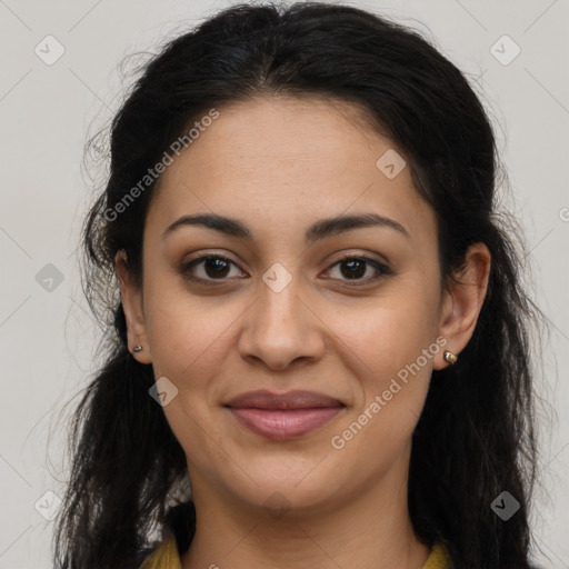 Joyful latino young-adult female with long  brown hair and brown eyes