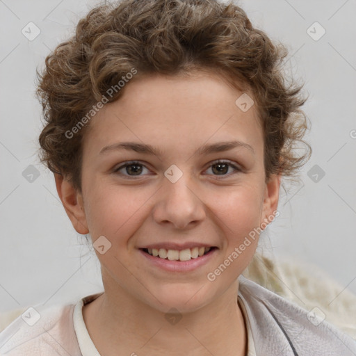 Joyful white child female with short  brown hair and brown eyes