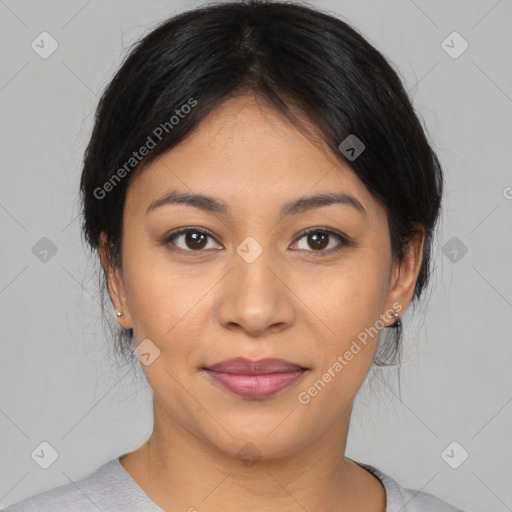 Joyful asian young-adult female with medium  black hair and brown eyes