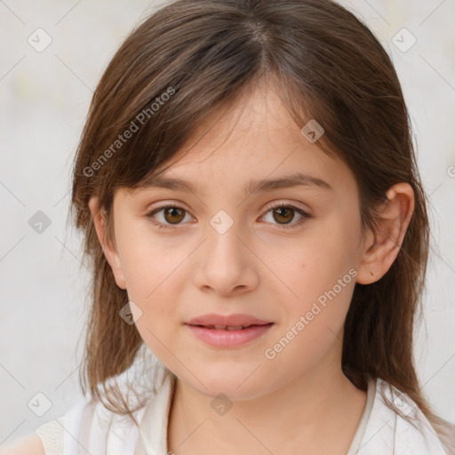 Joyful white child female with medium  brown hair and brown eyes