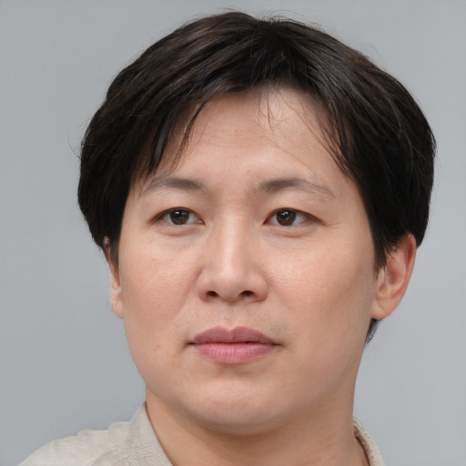 Joyful asian adult female with short  brown hair and brown eyes