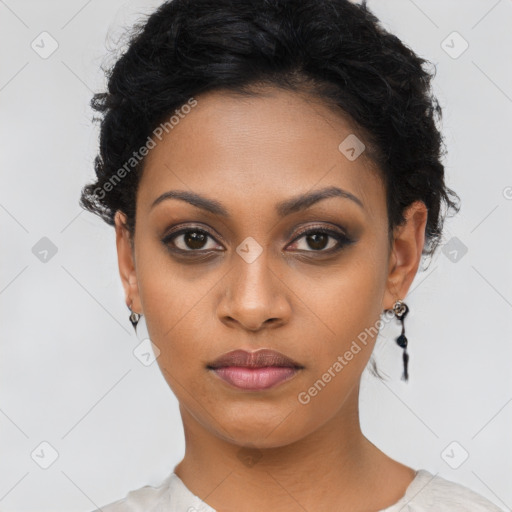 Neutral latino young-adult female with short  black hair and brown eyes