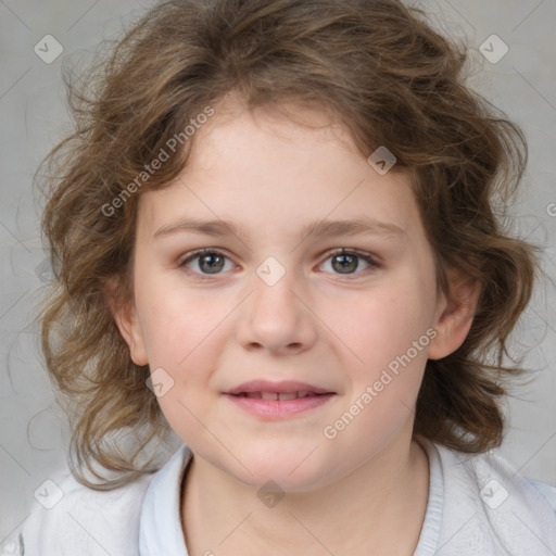 Joyful white child female with medium  brown hair and brown eyes