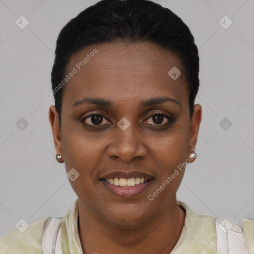 Joyful black young-adult female with short  black hair and brown eyes