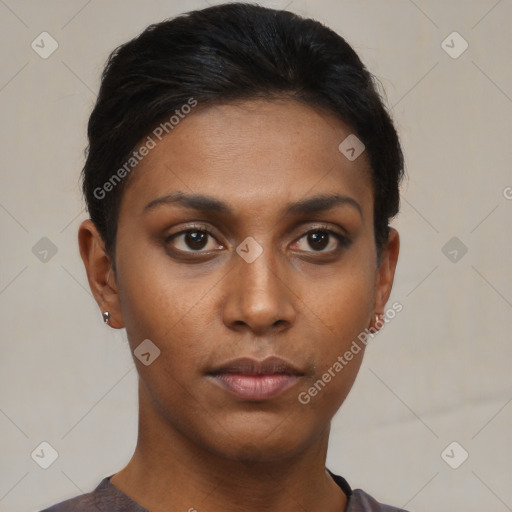 Neutral black young-adult female with short  brown hair and brown eyes