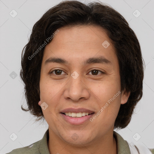 Joyful white adult female with medium  brown hair and brown eyes