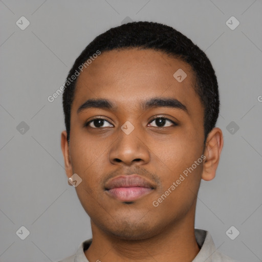 Neutral black young-adult male with short  black hair and brown eyes