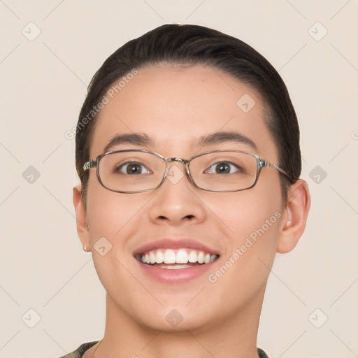 Joyful white young-adult female with short  brown hair and brown eyes