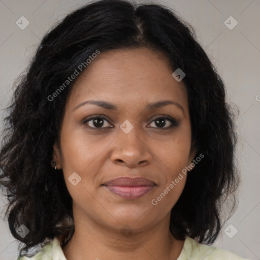 Joyful black young-adult female with medium  brown hair and brown eyes