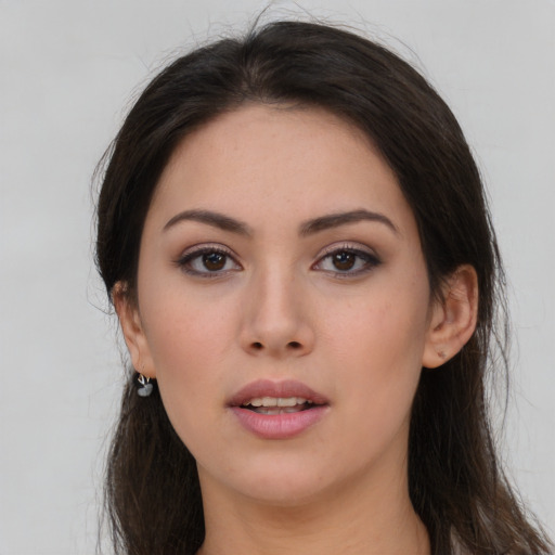 Neutral asian young-adult female with long  brown hair and brown eyes