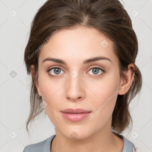 Neutral white young-adult female with medium  brown hair and grey eyes