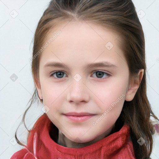 Joyful white child female with long  brown hair and brown eyes