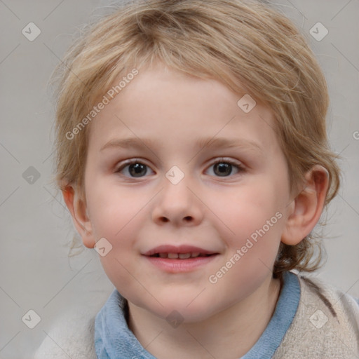 Joyful white child female with medium  brown hair and blue eyes