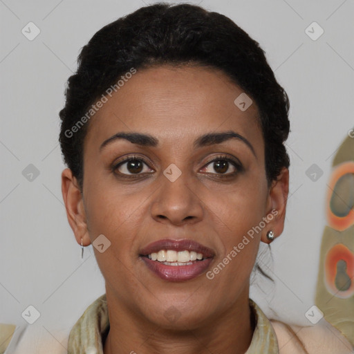 Joyful latino young-adult female with short  brown hair and brown eyes