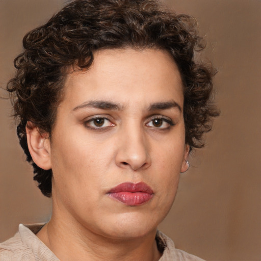 Neutral white young-adult female with short  brown hair and brown eyes