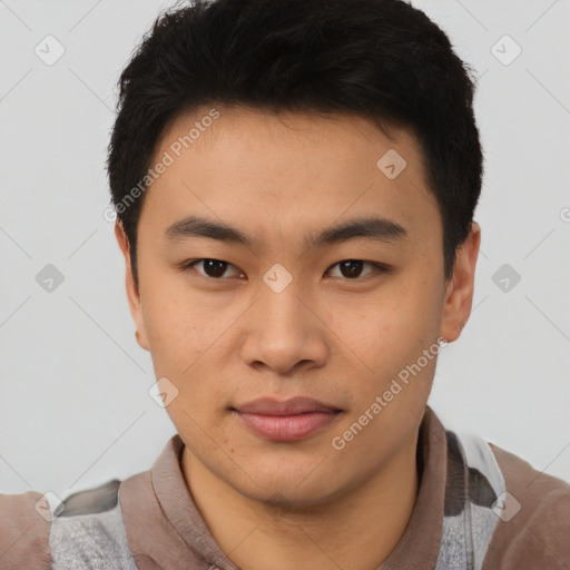 Neutral asian young-adult male with short  black hair and brown eyes