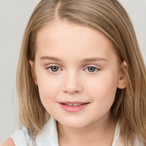 Joyful white child female with medium  brown hair and brown eyes