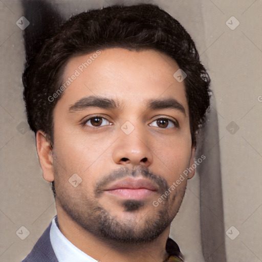 Neutral white young-adult male with short  black hair and brown eyes