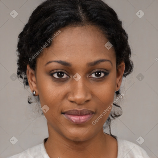 Joyful black young-adult female with medium  black hair and brown eyes