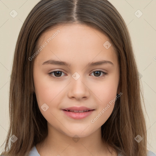 Joyful white child female with long  brown hair and brown eyes