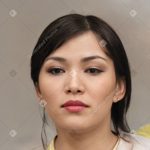 Neutral asian young-adult female with medium  brown hair and brown eyes