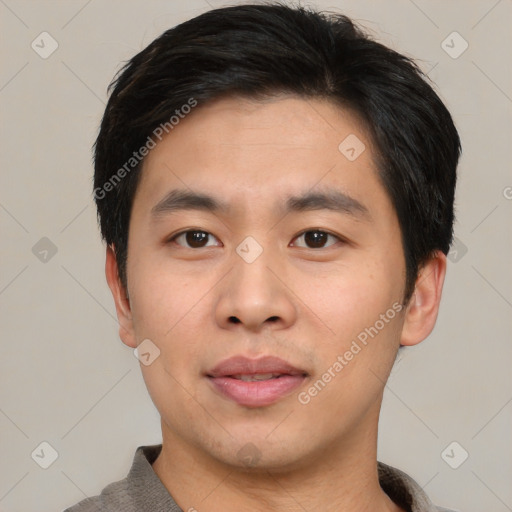 Neutral asian young-adult male with short  black hair and brown eyes