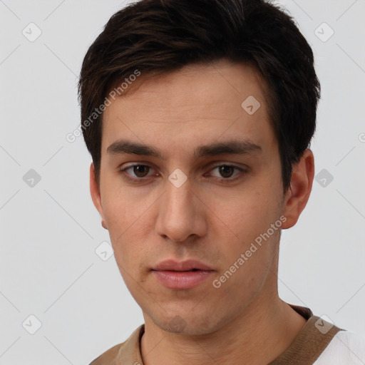 Neutral white young-adult male with short  brown hair and brown eyes