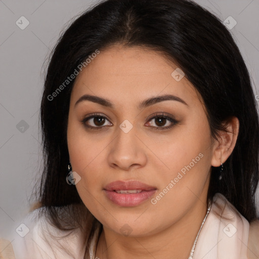 Joyful latino young-adult female with long  brown hair and brown eyes