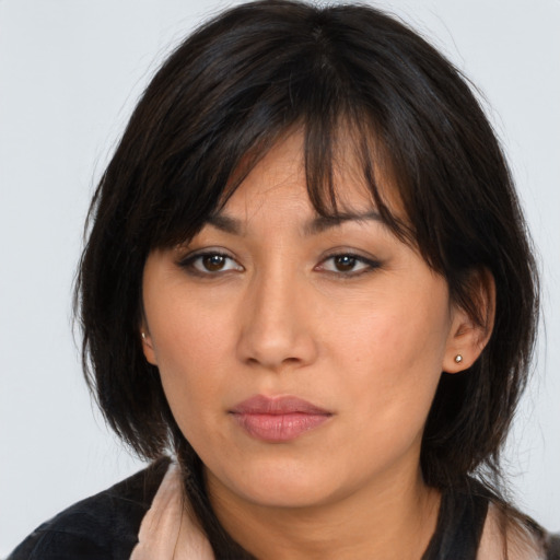 Neutral white young-adult female with medium  brown hair and brown eyes