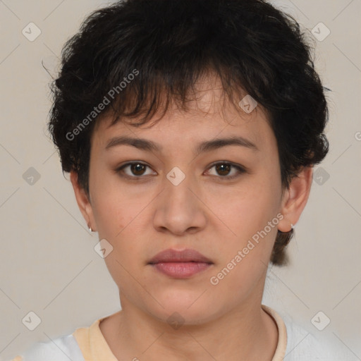 Neutral white young-adult female with short  brown hair and brown eyes