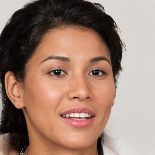 Joyful white young-adult female with medium  brown hair and brown eyes