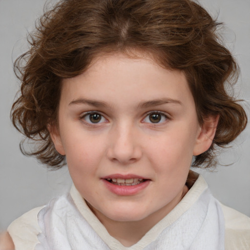 Joyful white child female with medium  brown hair and brown eyes