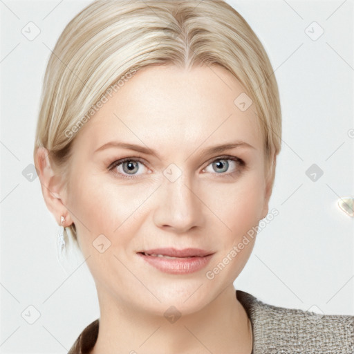 Joyful white young-adult female with medium  brown hair and blue eyes