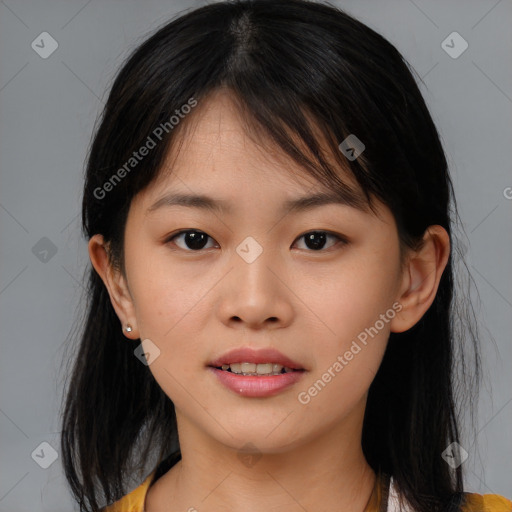 Neutral asian young-adult female with medium  brown hair and brown eyes