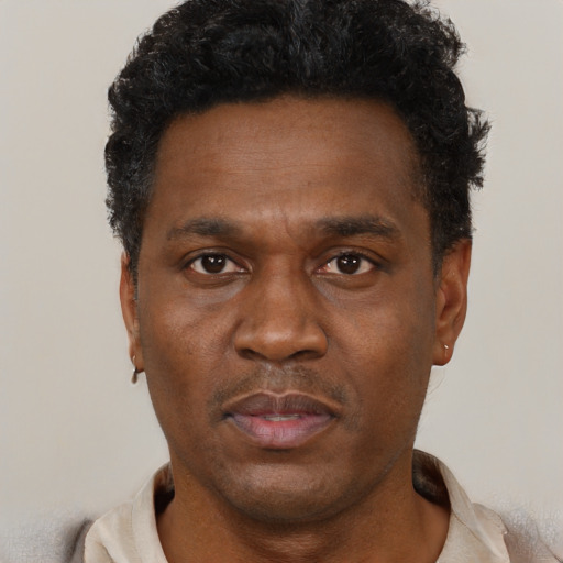 Neutral black adult male with short  black hair and brown eyes