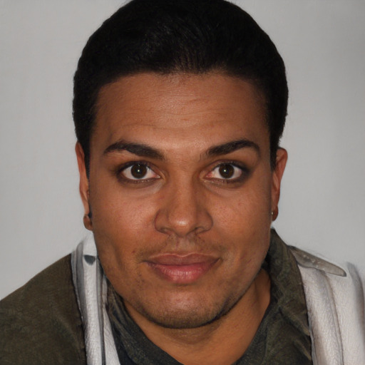 Joyful black young-adult male with short  black hair and brown eyes