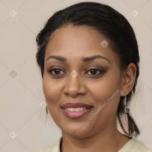 Joyful latino young-adult female with medium  brown hair and brown eyes