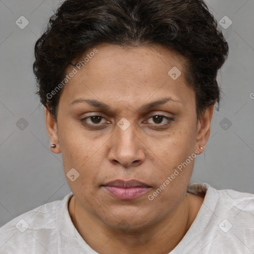 Joyful white adult female with short  brown hair and brown eyes