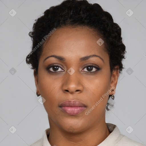 Neutral black young-adult female with short  black hair and brown eyes