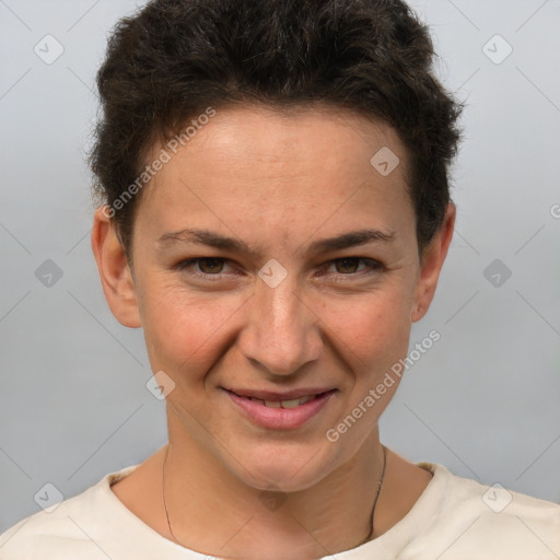 Joyful white young-adult female with short  brown hair and brown eyes