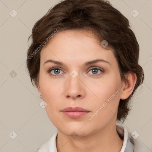 Neutral white young-adult female with medium  brown hair and grey eyes