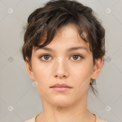 Neutral white young-adult female with medium  brown hair and brown eyes