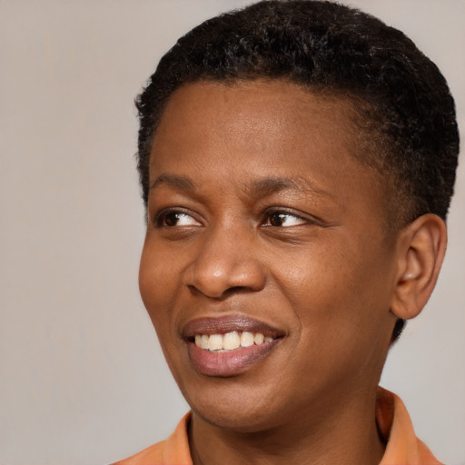 Joyful black young-adult female with short  brown hair and brown eyes