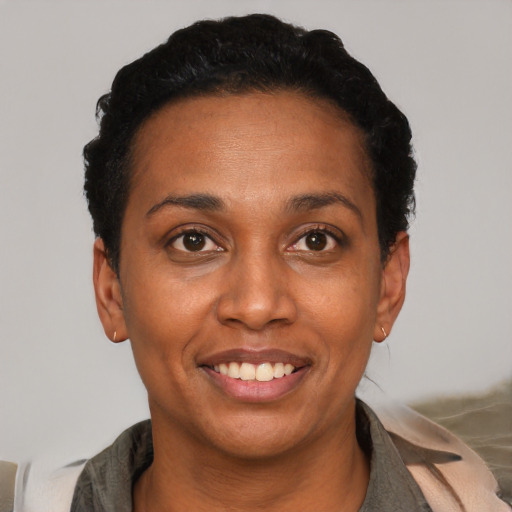 Joyful black young-adult female with short  black hair and brown eyes