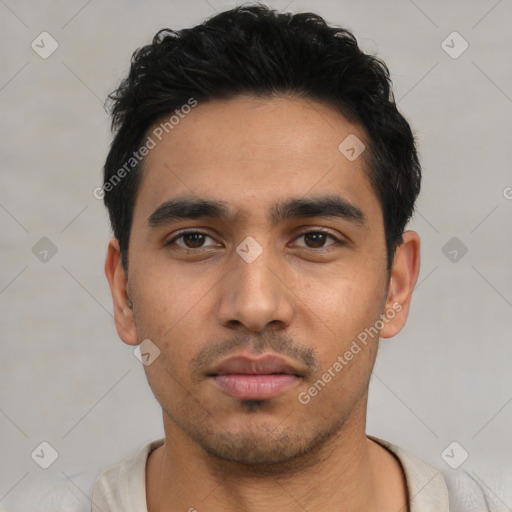 Neutral asian young-adult male with short  black hair and brown eyes