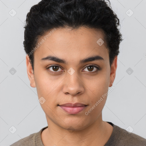 Joyful latino young-adult female with short  black hair and brown eyes