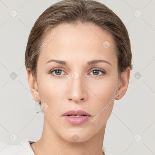 Neutral white young-adult female with short  brown hair and brown eyes