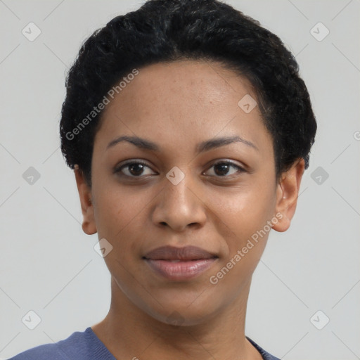 Joyful latino young-adult female with short  black hair and brown eyes