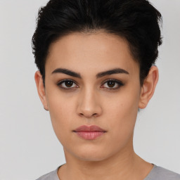 Neutral latino young-adult female with short  black hair and brown eyes